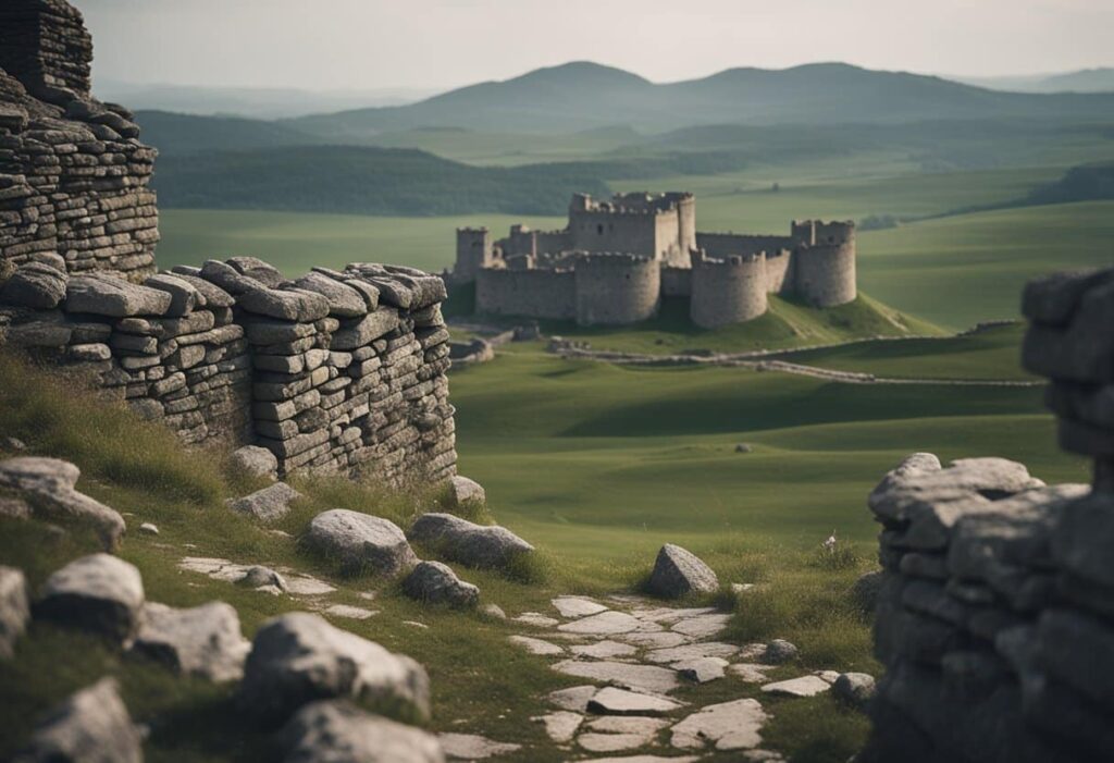 Isolated stone ruins on a green hill (for Castlefreke or Burren)